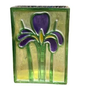 VTG FTDA Art Glass Vase 1985 Raised Relief Purple Iris Textured Bark Back 7 Inch